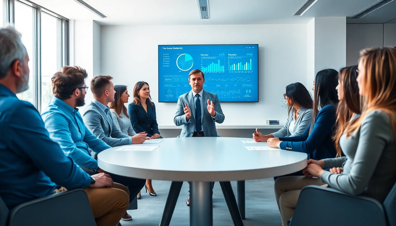 Engaged team discussing enterprise IT solutions in a modern office setting with data displayed.