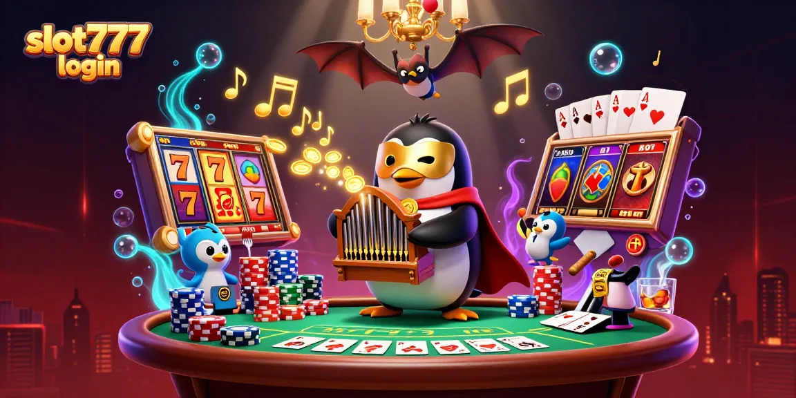 Experience excitement with slot777 login as the penguin plays the organ shooting golden coins in a vibrant casino scene.