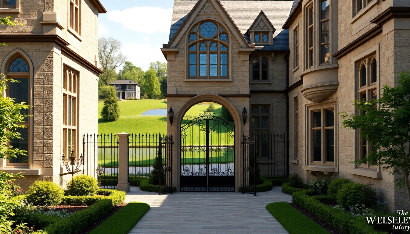 Explore the architectural beauty of the Wellesley Tudor Expansion featuring elegant stonework and lush gardens.