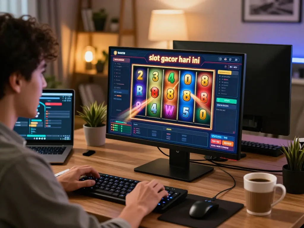 Player enjoying slot gacor hari ini during online gaming session, vibrant spinning reels on screen