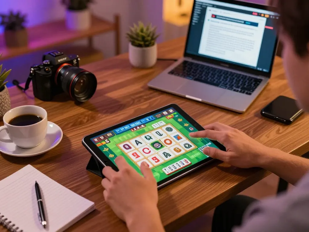 Engaging in slot mahjong gameplay on tablet in a cozy home setting, blending strategy and fun.