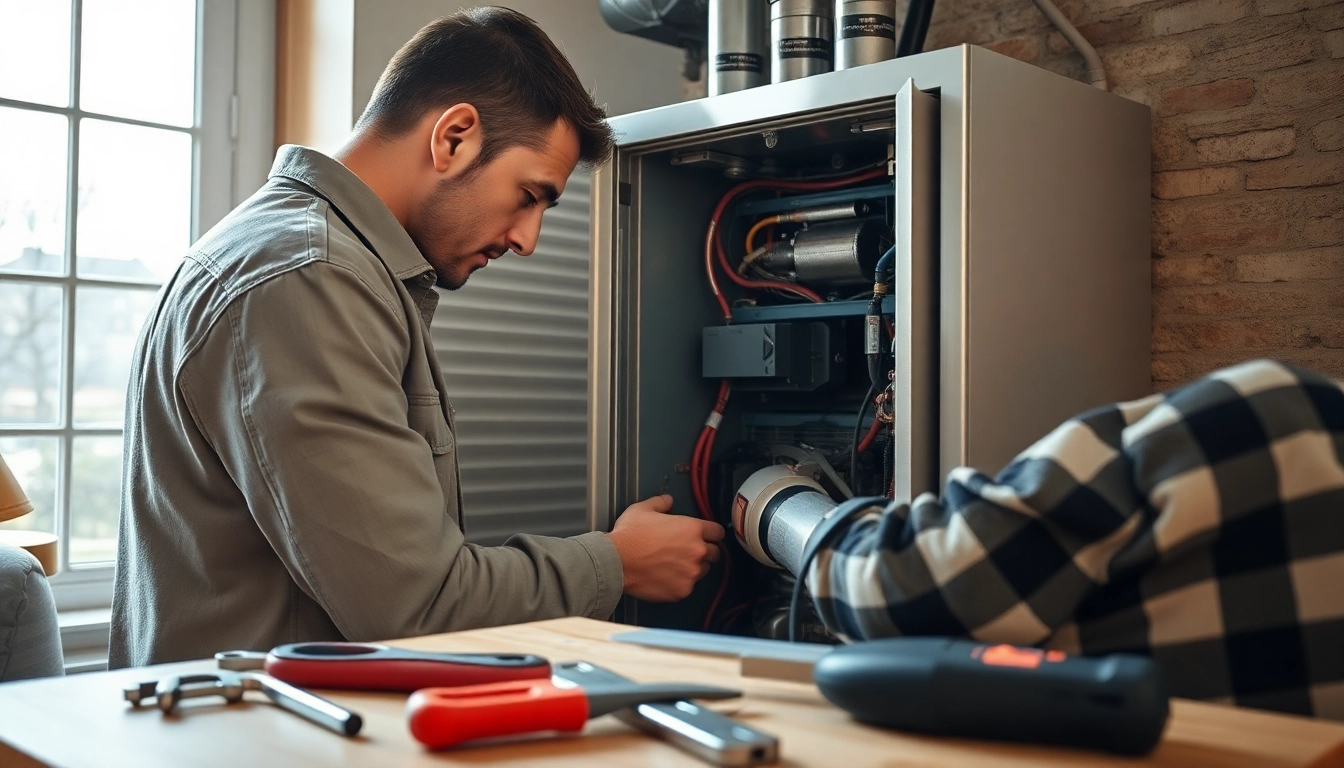 HVAC technician performing emergency heating repair in a cozy home environment.