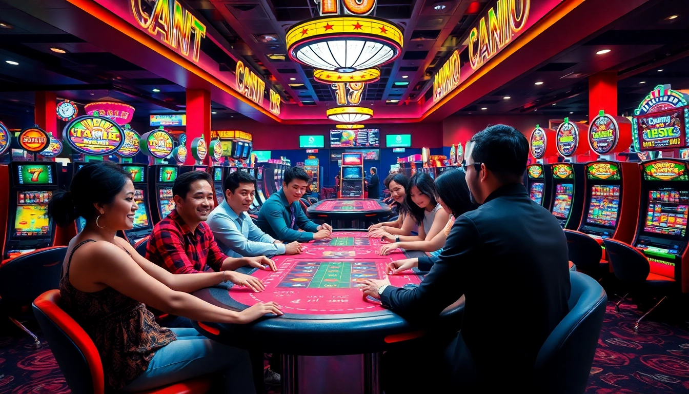 Neue casino bonus ohne einzahlung, celebrating excitement in a lively casino environment with players and bright lights.