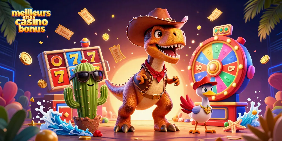 Visualiser les meilleurs sites casino bonus avec des personnages de casino colorés et des éléments de jeux animés.