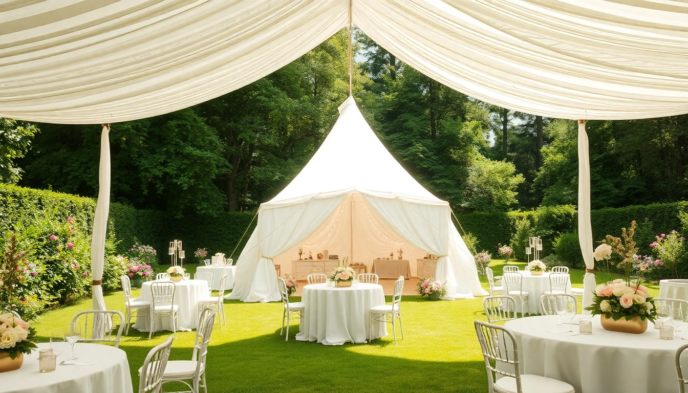 Elegant party tent rentals showcased in a vibrant outdoor setting with decorations.