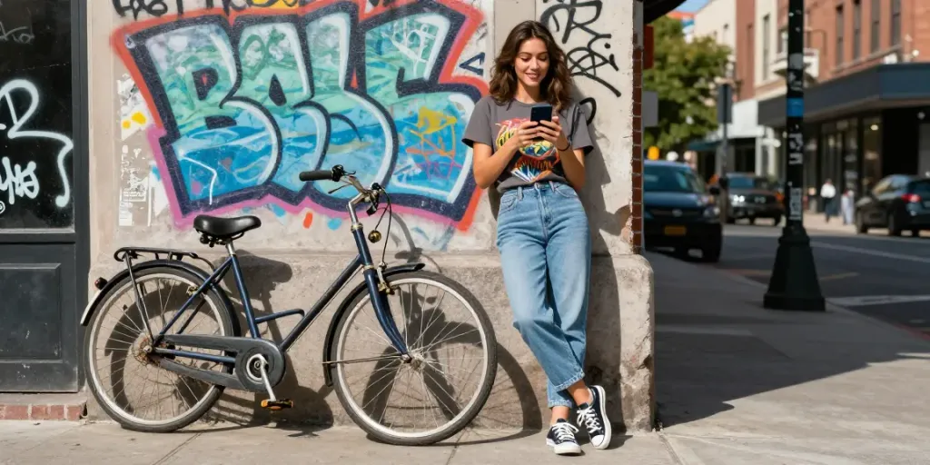 Young woman enjoying urban style with cece rose nude elements in fashion while exploring city streets
