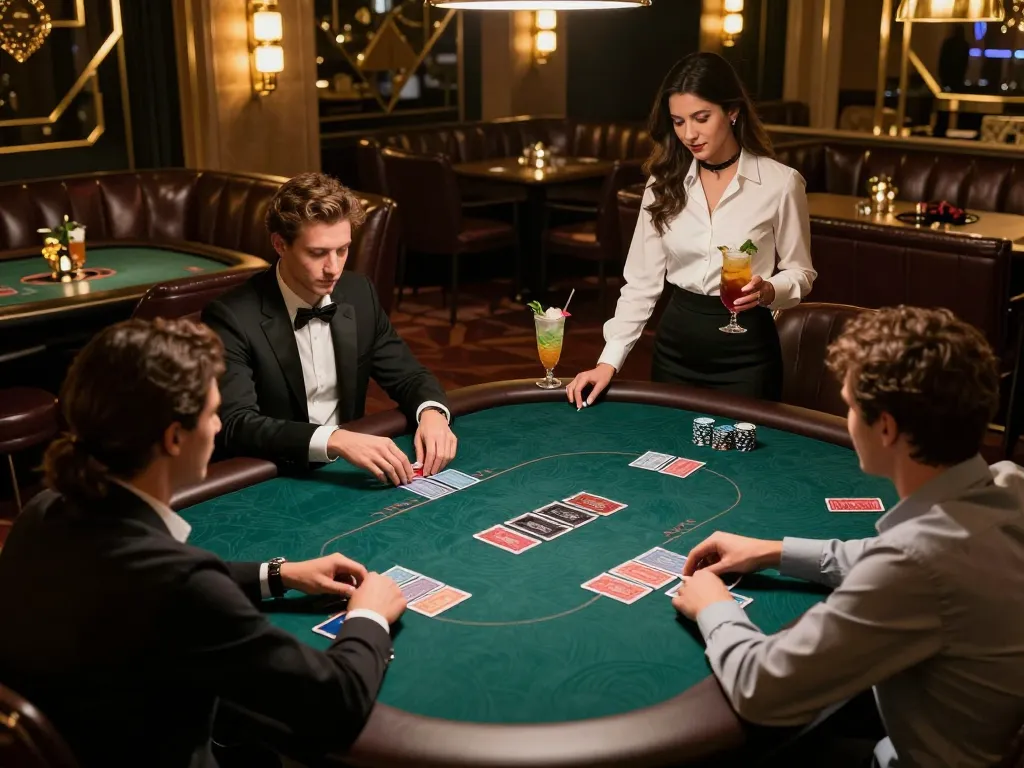 Situs Toto Macau players enjoying a high-stakes poker game in an upscale VIP environment