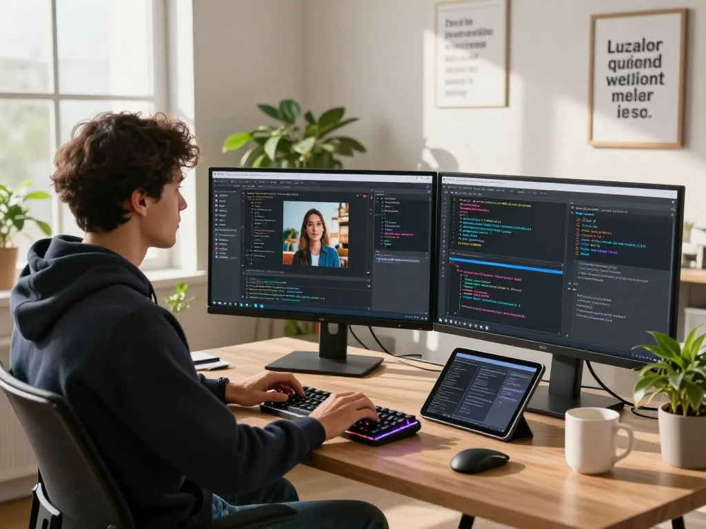 Generating an image to prompt ai from a dual-monitor setup in a tech workspace.