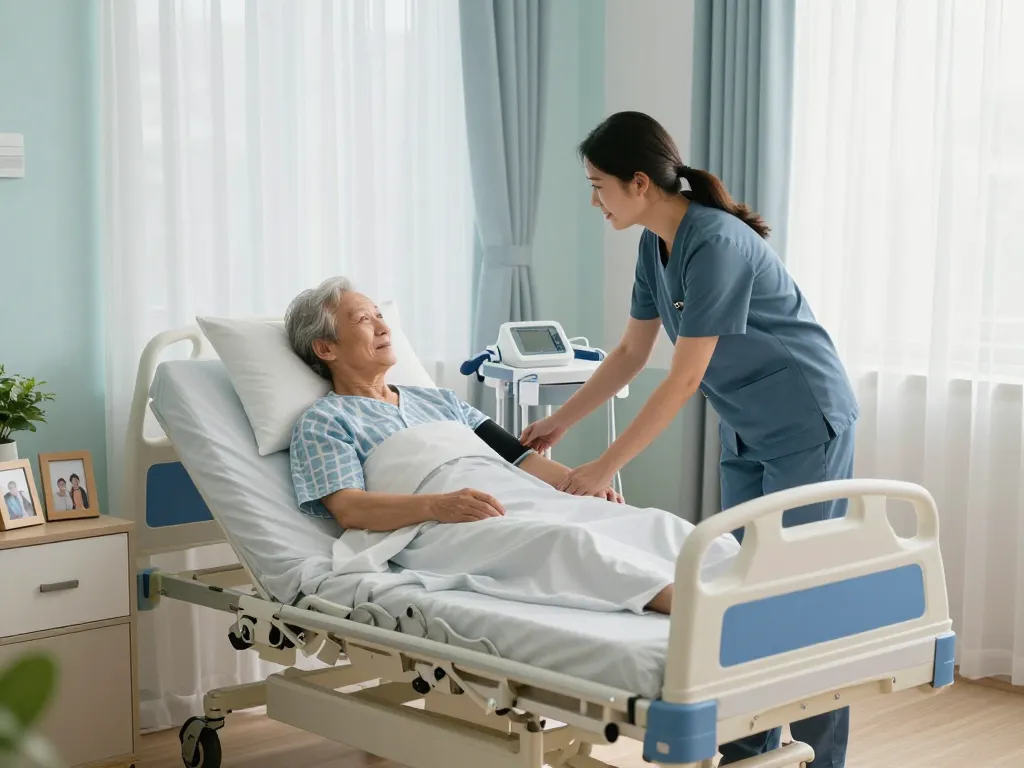 Quality giường bệnh nhân with caregiver assisting elderly patient in a bright, welcoming home healthcare setting