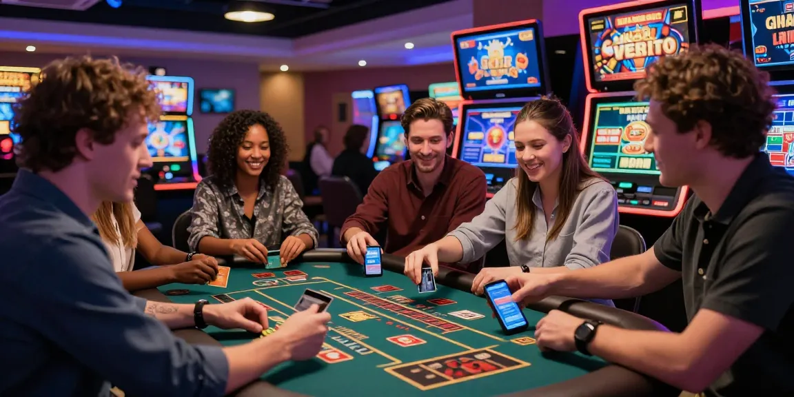 Online casinos that accept credit cards featured in a vibrant gaming lounge with players engaging in exhilarating experiences.