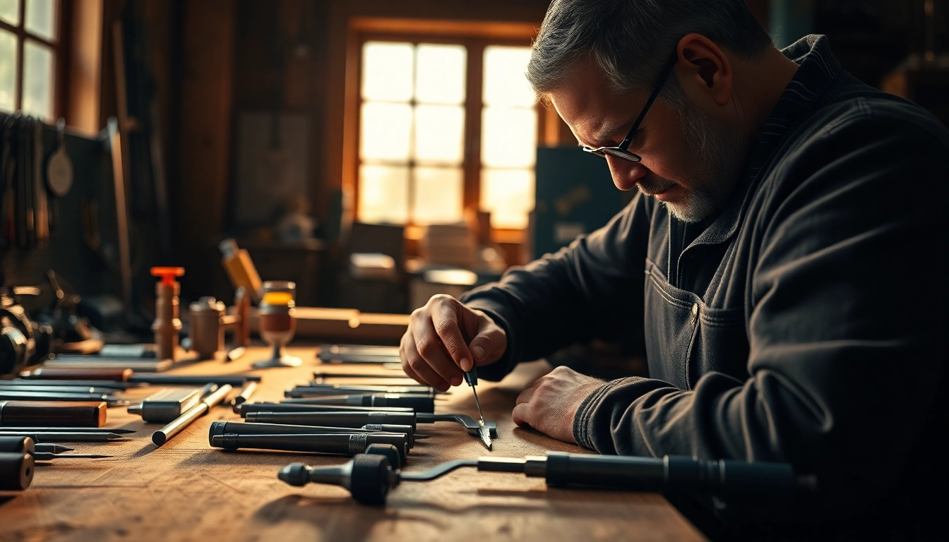 Master craftsman measuring accuracy using calibers tools in a workshop.