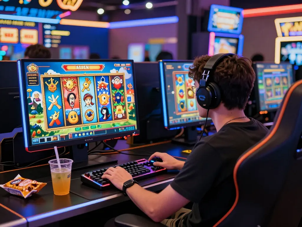 Pemain menikmati pengalaman situs slot di set permainan online yang cerah dengan lampu LED dan visual yang mendalam.