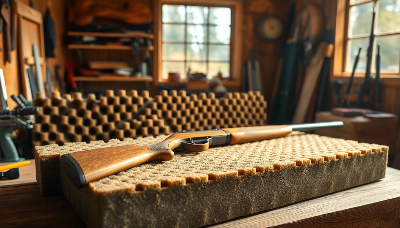 Showcases foam for rifle case in a rustic workshop environment with tools, emphasizing craftsmanship.