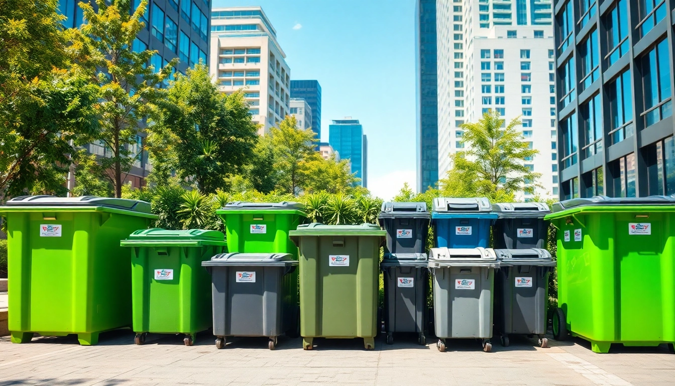 Efficient garbage bins rental showcased with diverse sizes and urban backdrop.