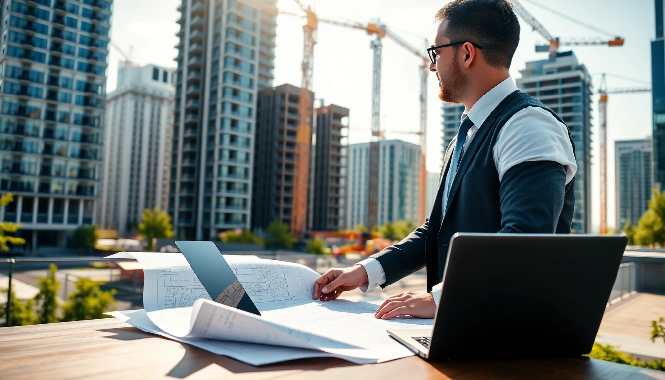 Real Estate Developer analyzing blueprints with urban construction in the background.
