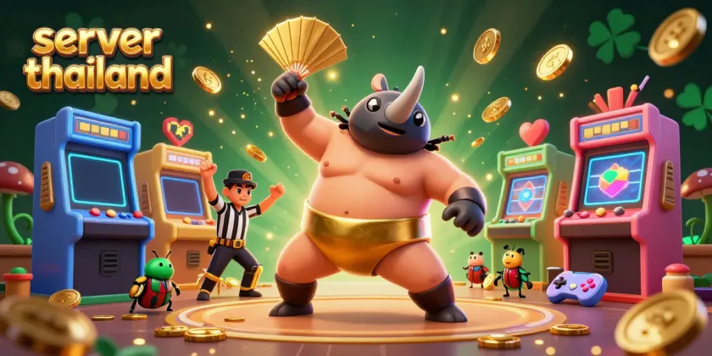 Witness the thrilling action of a server thailand themed illustration with a beetle sumo champion amidst flying coins and arcade game elements.
