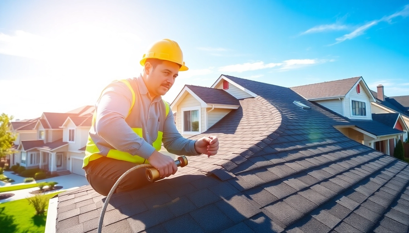 Engaged contractor providing professional roofing services during a rooftop inspection.