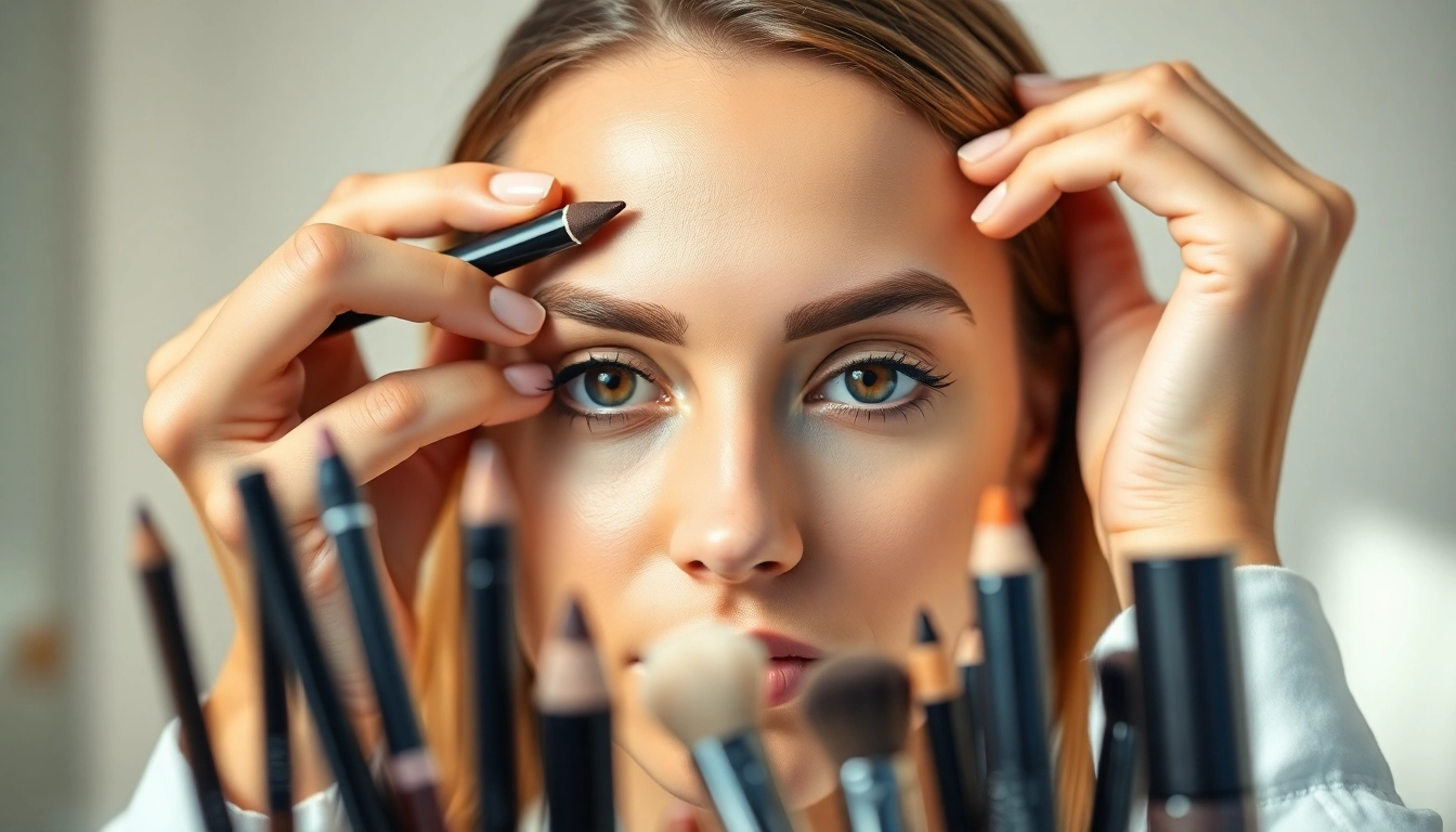 Enhancing brows with eyebrow pencil light brown during a makeup application session.
