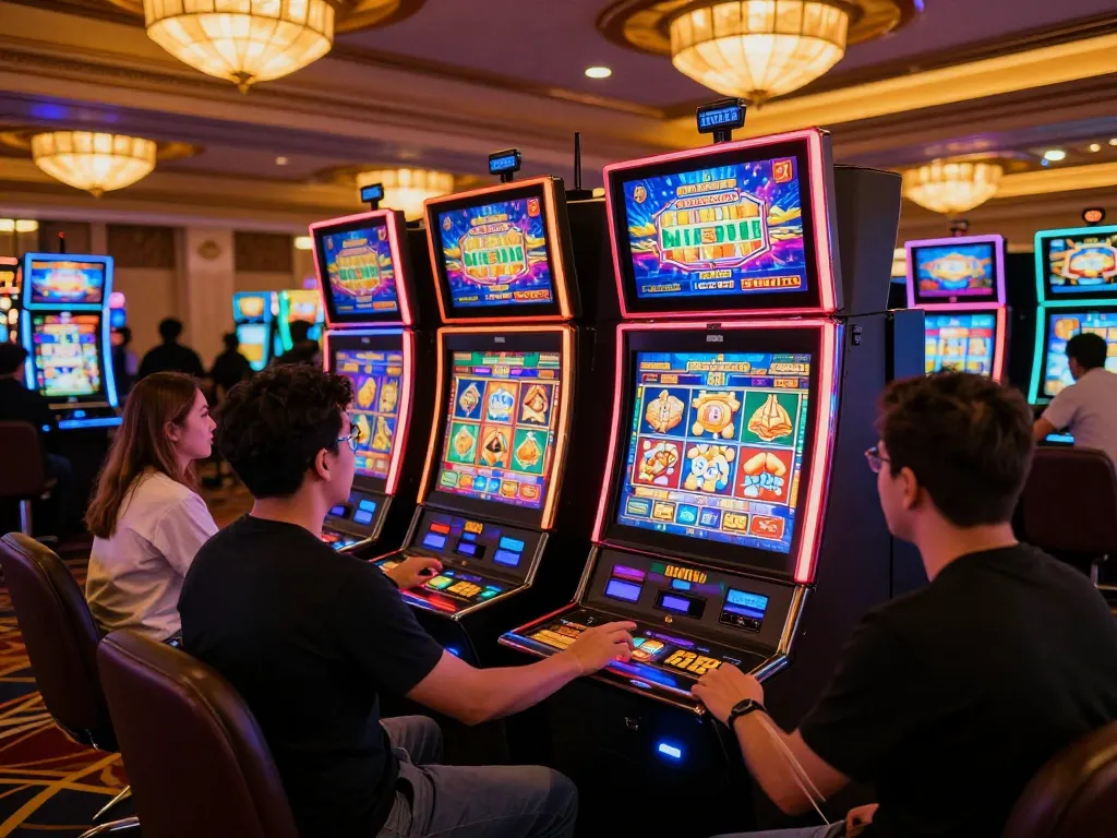 Players engaging with slot777 machines in vibrant casino atmosphere, capturing excitement and gameplay.