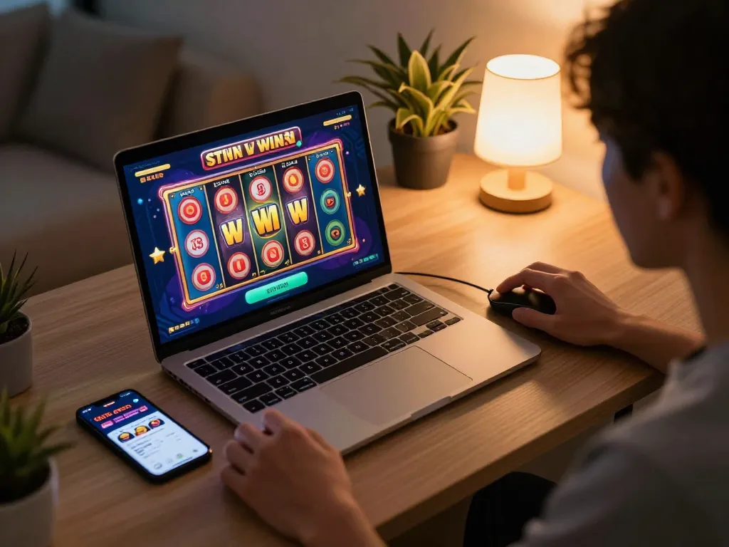 Engaging moment of a player spinning reels on a situs gacor slot game at home workstation.