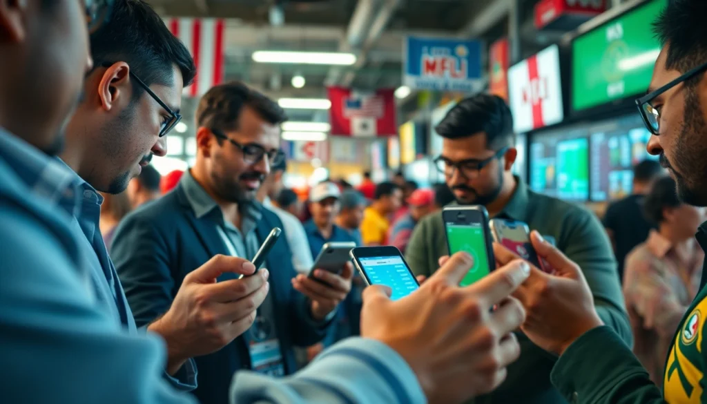Engaged bettors enjoying sports betting Mexico in a lively market atmosphere with colorful displays.
