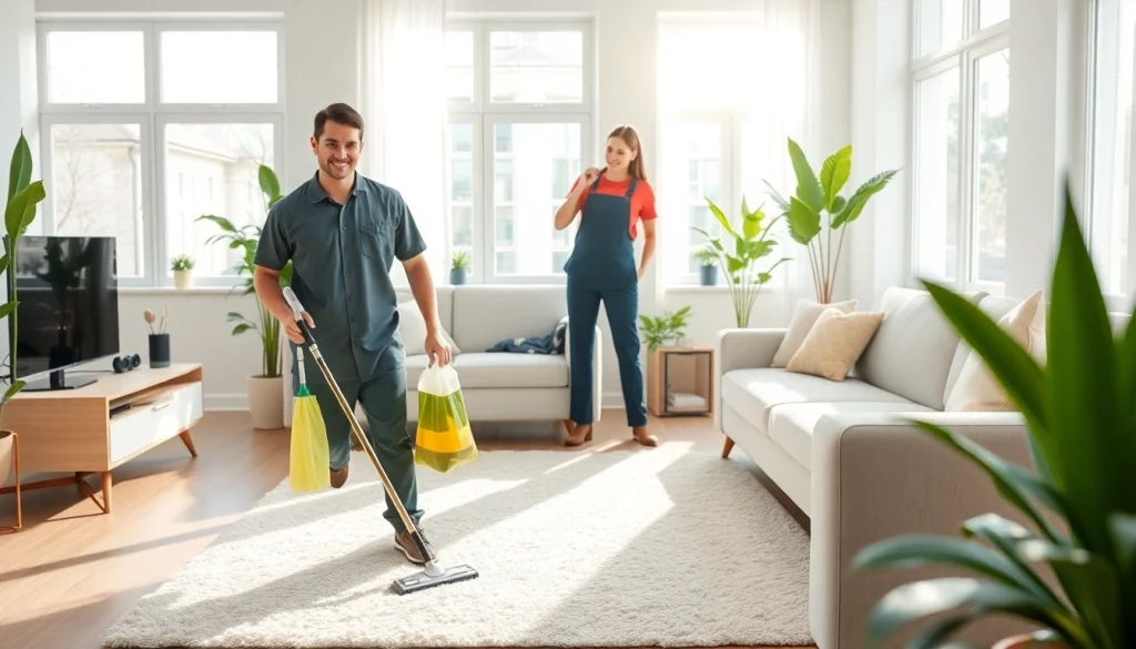 Cleaning Service team in a bright living room, showcasing a fresh and professional cleaning environment.