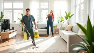 Cleaning Service team in a bright living room, showcasing a fresh and professional cleaning environment.