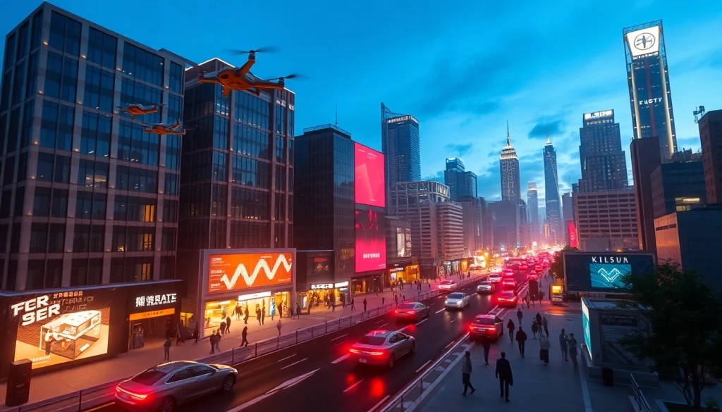 Showcasing advanced Technology in a bustling futuristic cityscape with smart elements.