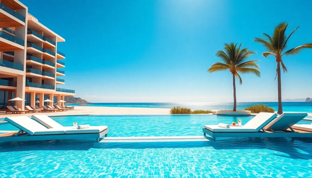 Luxury poolside at best resorts in Cabo San Lucas with stunning beach backdrop.