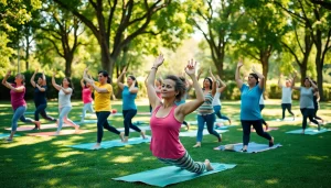 Promote Health through a lively outdoor fitness class showcasing diversity and community engagement.