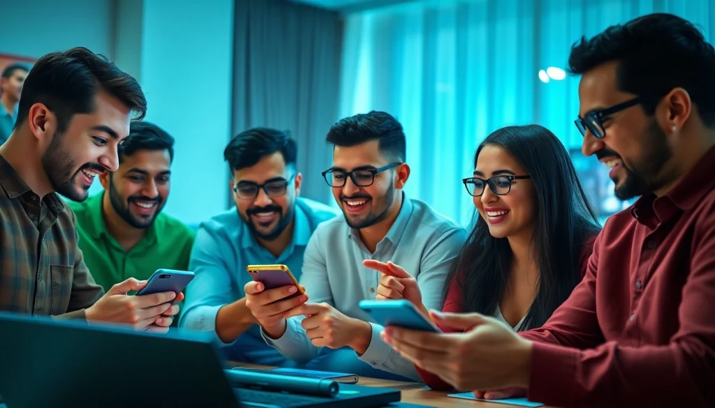 Engaged bettors exploring online sportsbooks India from various devices, highlighting excitement and interaction.