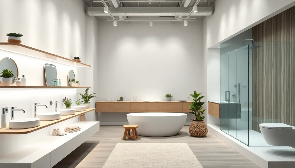 Produkte von sonni sanitär GmbH in einem eleganten Bad-Showroom präsentieren.