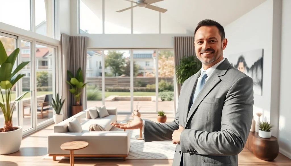 Showcase of a real estate agent presenting a modern interior space in a sunny setting.