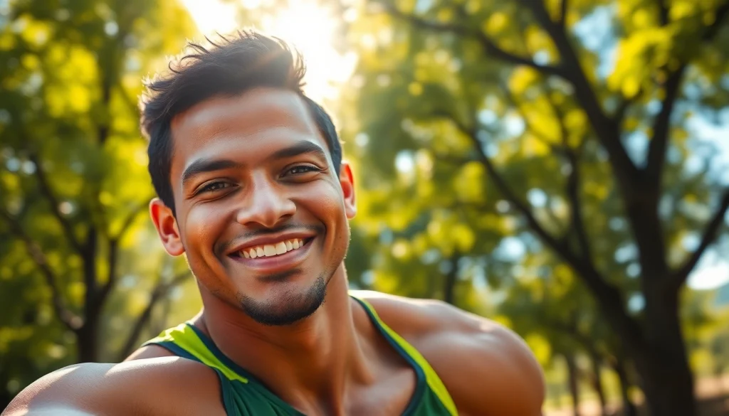 Showcasing Chance Freeman in an athletic pose surrounded by nature, representing vitality and competition.