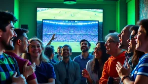 축구중계의 생생한 모습을 즐기는 다양한 팬들, 경기 화면과 함께.