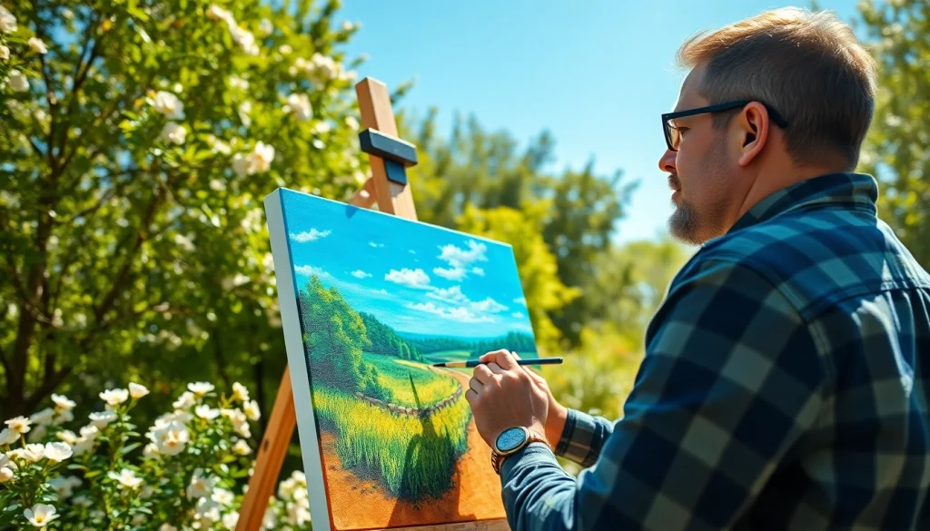 Creëren op canvas met prachtige kleuren in een serene buitenomgeving.