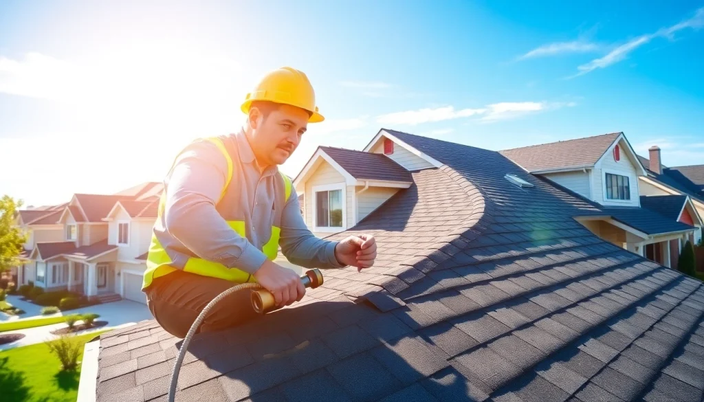 Engaged contractor providing professional roofing services during a rooftop inspection.