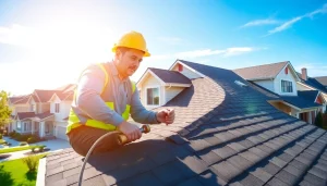 Engaged contractor providing professional roofing services during a rooftop inspection.