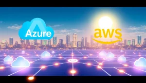 Visual of Azure & AWS Integration showcasing cloud connection, technology interface, and synergy.