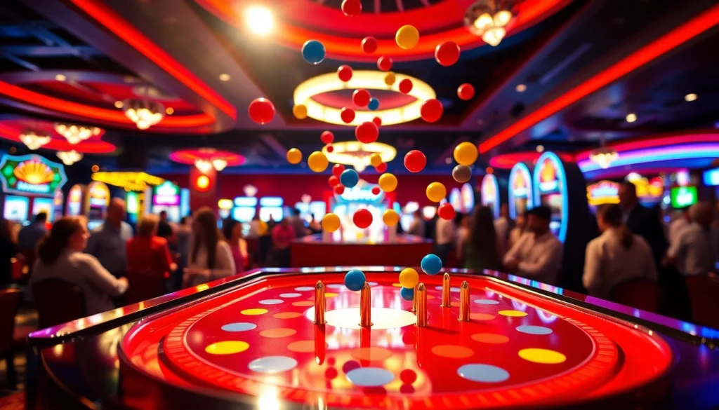 Slot plinko mengasyikkan dengan bola berwarna-warni jatuh di papan game kasino.