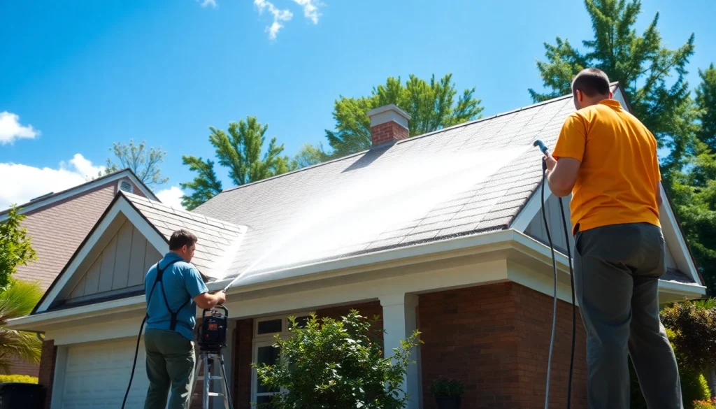 Roof cleaning service in progress, showcasing a sparkling roof and professional team using eco-friendly methods.