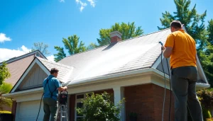 Roof cleaning service in progress, showcasing a sparkling roof and professional team using eco-friendly methods.