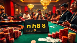 Experience the thrill of gambling at nh88 with vibrant casino tables, poker chips, and a roulette wheel.