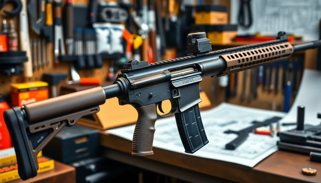 See the wot trigger ar15 installed on a professional AR-15 rifle against a detailed workshop backdrop.