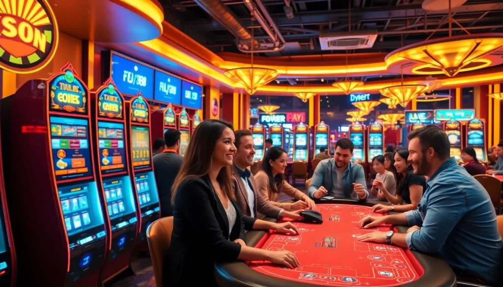 Experience the excitement of fly88 .com with a vibrant online casino scene showcasing players enjoying diverse gaming options.