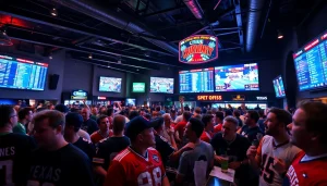 Engaging scene of online sports betting Texas with excited fans at a sports bar, showcasing live betting.