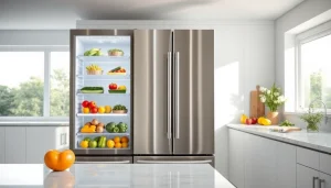 A modern stainless steel refrigerator filled with fresh food in a bright kitchen environment.