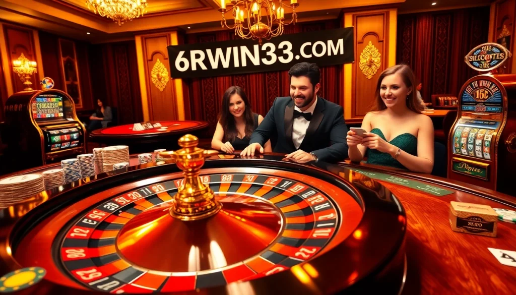 Exciting casino scene showcasing 6RWIN33 COM with a roulette wheel, poker chips, and engaged players.