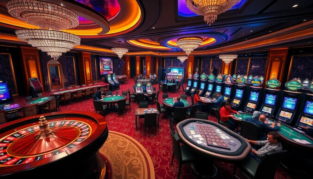Babu88 casino players enjoying thrilling games at elegant tables with vibrant slot machines.
