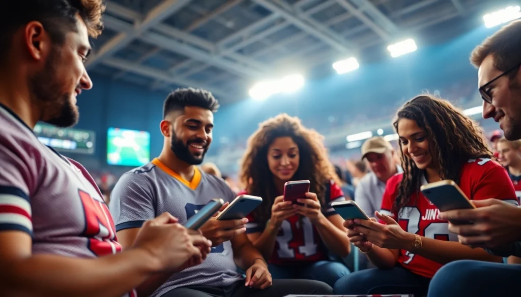 Engaging scene of online sports betting Alabama, showcasing diverse users enjoying mobile sports betting.